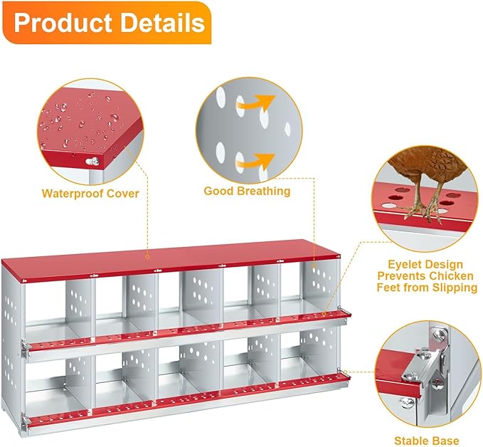 10-Compartment Chicken Nesting Box with Roll-Away Egg Collection - Metal Laying Box for Hens and Ducks, Features Pull-Out Tray & Swing Perch, Wall Mount Design for Coops