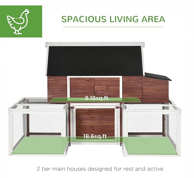 PawHut 114" Chicken Coop Wooden, Customizable Outdoor Chicken Cage Poultry Hen House with Nesting Box, Double Runs, Asphalt Roof, Ramp, for Garden Backyard