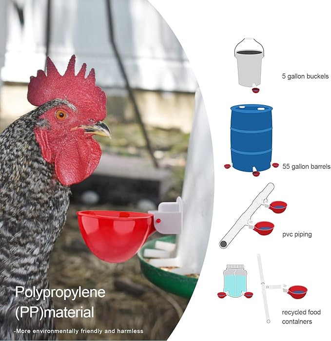 Professional Chicken Waterer Cups, 8 Packs Large Chicken Water Feeder, Tee Fittings Poultry Waterer Suitable for Duck, Chicks, Goose, Turkey, Bunny and Bird with Mounting Hole Opener