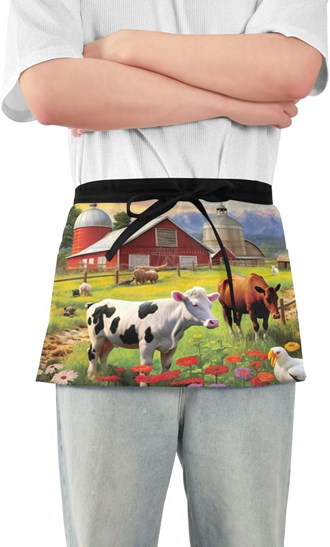 Farmhouse Animals Waist Apron with 3 Pockets Water & Oil Resistant Short Waiter Apron Server Waitress Half Apron for Cooking Gardening