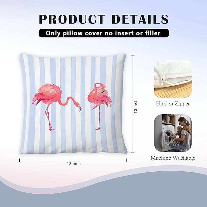 Flamingo Pillow Covers for Women 18x18 Set of 2, Blue and White Striped Throw Pillow Cases for Home Bedroom Living Room Decor, Gifts for Bird Lovers Decorative