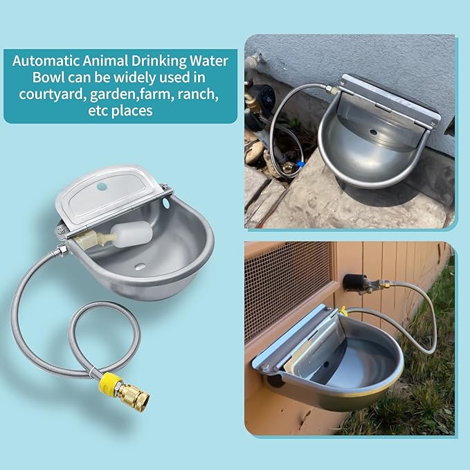 Automatic Animal Drinking Water Bowl, 304 Stainless Steel Waterer for Dog Horse Goat Pig Cow, Livestock Water Trough Dispenser with Pipe Hose, 2 Float Valves, Quick Connecter, Expansion Bolt