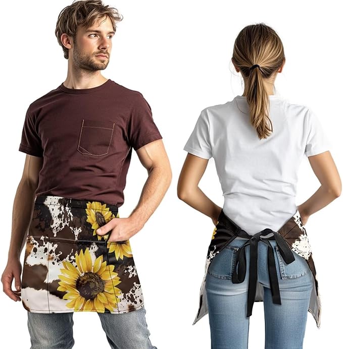 Waist Apron with 3 Pockets Waterproof 13 Inch Short Half Waist Aprons Women Men Server Aprons Waitress Waiter Apron