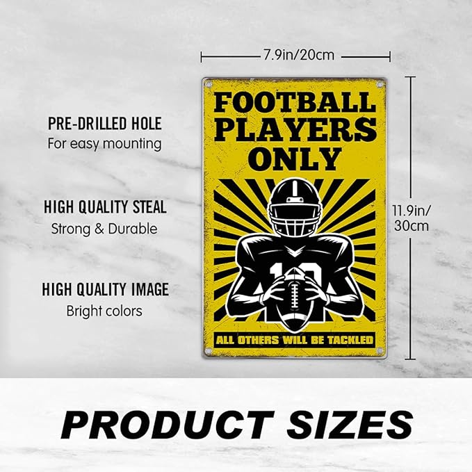 Football Players Only Metal Sign 8 x 12 Inch Funny American Wall Decor For Game Room Gym Bar Garage Sports Poster Decoration Athletes Coaches Fans Indoor Home Kitchen