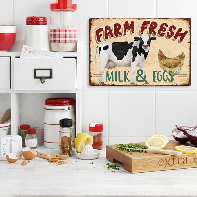 SUPERDANT Farm Fresh Tin Sign Cow Chicken Vintage Metal Tin Signs Funny Metal Wall Art Painting Iron Decor for Dining Room Farmhouse Kitchen Pantry Outdoor Wooden Fence Wall Decoration