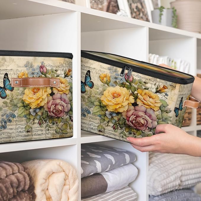 Retro Flowers Storage Bins with Lids, Watercolor Butterfly Fabric Storage Boxes with Zipper, Collapsible Decorative Closet Organizer Cube for Clothes, Organizing, Shelves