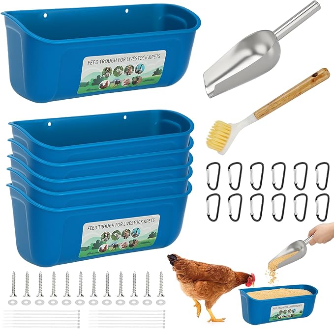 6 Pack Fence Feed Feeder 4.5 Quart Hanging Chicken Feeder Trough with Brush & Scoop Blue Goat Hanging Fence Feeders Feeder with Hooks Screws & Zip Tie for Livestock Feeding Container Goats Supplies