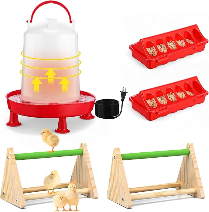 5 Pack 3l Heated Chicken Waterer Chick Perch Set for Winter 0.8 Gallon Heated Poultry Fountain with Leg Support and Flip Top Poultry Feeder for Chicks Ducks Quail