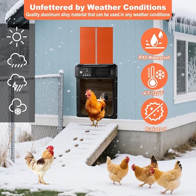 Automatic Chicken Coop Door Solar Powered with Remote Control, Auto Chicken Door with Timer & Light Sensor, Anti-Pinch Safety, Waterproof Aluminum Chicken Door with LED Display