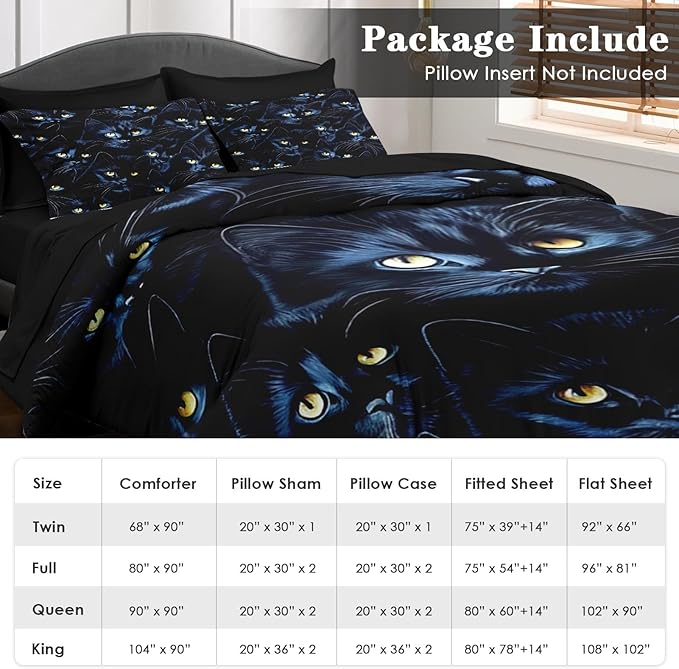 Comforter Set Full Size, Cat Blue Magic 7 Pcs Bedding for Kids and Adults, Black Cute Bed Sheet Sets with Fitted Sheet 2 Pillowcases & 2 Shams for Bedroom Bed Decor