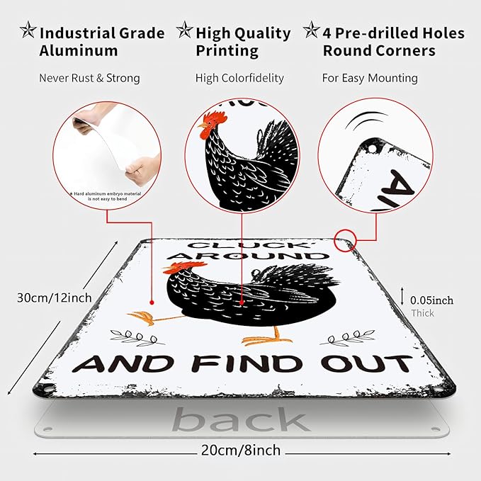 Funny Chicken Gifts Chicken Cluck Around and Find Out Tin Sign for Home Chicken Coop Farm Fence Kitchen Bathroom Wall Decor 8x12 Inch