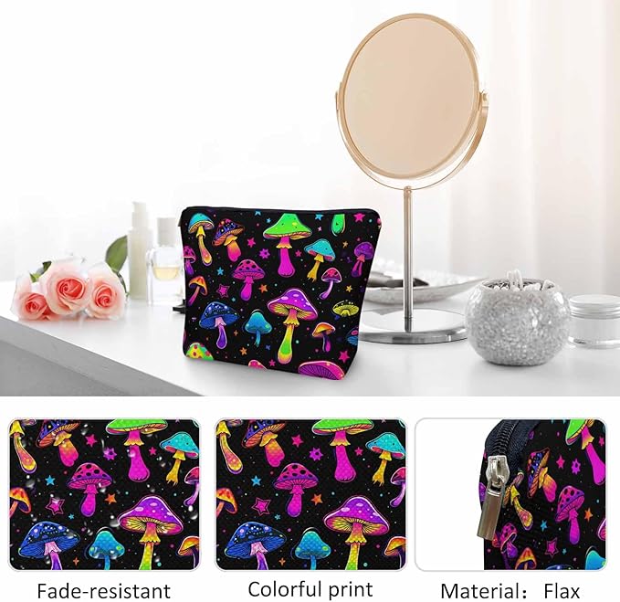 Mushroom Makeup Organizer Bag Cosmetic Bag For Men Women, Magic Galaxy Space Mushrooms Rainbow Travel Toiletry Bag Flax Makeup Bags Purse Business Makeup Pouch For Toiletries Cosmetics