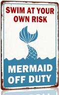 Swim at Your Own Risk Mermaid off Duty Vintage Swimming Pool Tin Sign Pool Rules Sign Pool Wall Decor Outdoor Swimming Pool Decorations 8x12 Inch