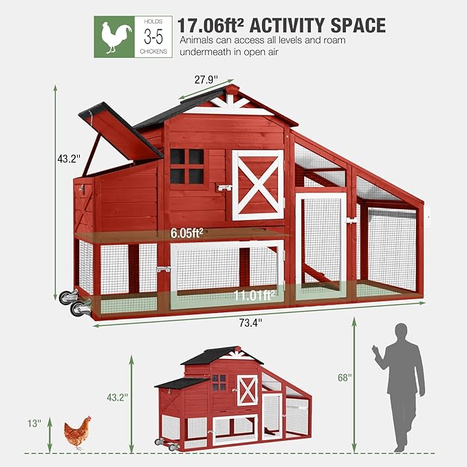 Mobile Chicken Coop with Run, Large Wooden Hen House Poultry Cage with Wheels, Nesting Box, Pull-Out Tray, Waterproof Roof, Red, 73.4" L x 27.9" W x 43.2" H, for 3-5 Chickens