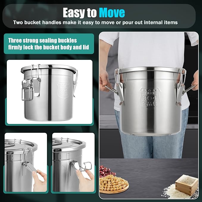 3.17Gal 304 Stainless Steel Rice Storage Container, Extra Large Food Grade Canister, 40-90Lbs Sealed Rice Bucket with Airtight Lid and Locking Buckle for Rice, Flour, Grain (12L)