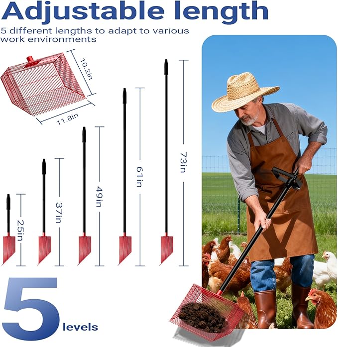 Chicken Poop Scooper with 12" Wide Heavy Duty Litter Shovel and Adjustable 25–73" Steel Handle, Multi-Section Detachable Pole Poop Rake for Easy Chicken Coop Cleaning, Durable Metal Accessories