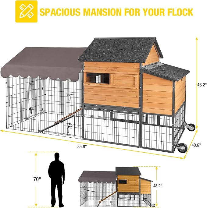 Large Chicken Coop for 4-6 Chickens, All-Steel Frame Hen House Poultry Cage with Waterproof Cover, Nesting Box & Metal Run