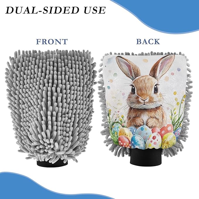 ALAZA Rabbit Bunny Easter Eggs Car Wash Mitt Scratch Free, 2 Pack Absorbent Microfiber/Chenille Washing & Drying Mitts, M