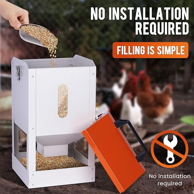 Galvanized Automatic Chicken Feeder No Waste 20lbs Large Metal Chicken Feeders Trough Dispenser Outdoor Poultry Feeders with Visual Window and Weatherproof Lid for Chickens Ducks Geese Turkeys Quails