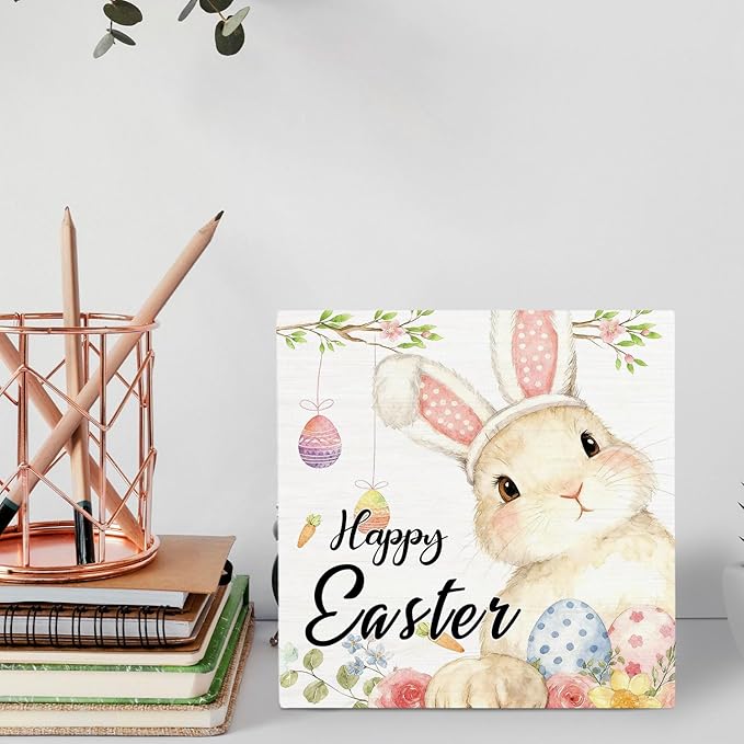 Happy Easter Bunny Wooden Box Sign Desk Decor, Easter Rabbit Decor, Spring Floral Egg Bunny Wood Signs for Bedroom Home Office Desk Table Shelf Decorations, 5x5 Inch