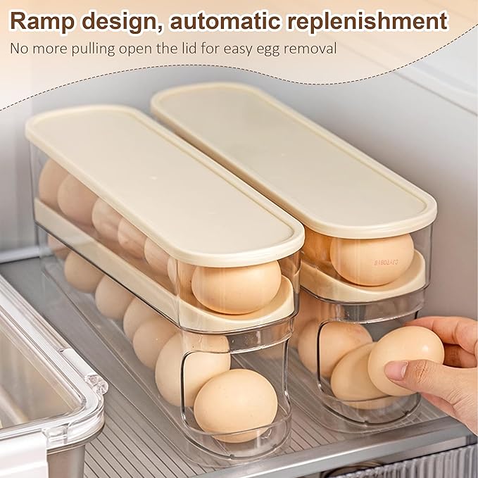 Egg Holder for Fridge, 2025 New Egg Organizer for Refrigerator Automatic Scrolling Eggs Rack Holder Rolling Dispenser, Stackable Fridge Container and Storage with Lid (2 Pcs)