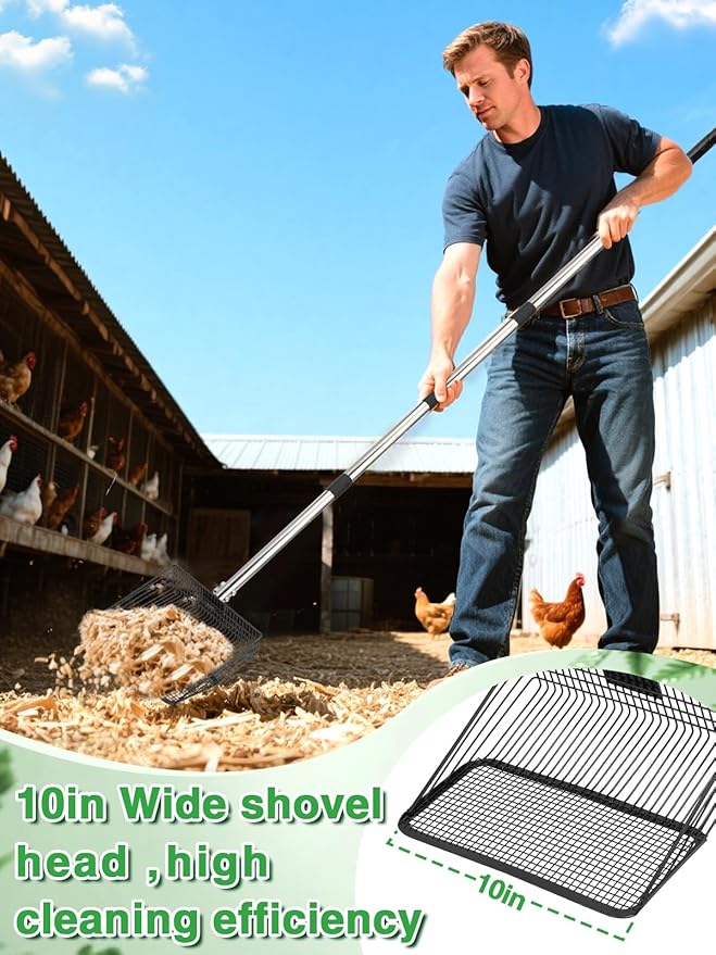 10'' Wide Chicken Poop Scooper - Adjustable 36''-76'' Long Handle, Heavy Duty Litter Sifting Scoop Shovel Chicken Coop Accessories for Efficient Cleaning Protect Back