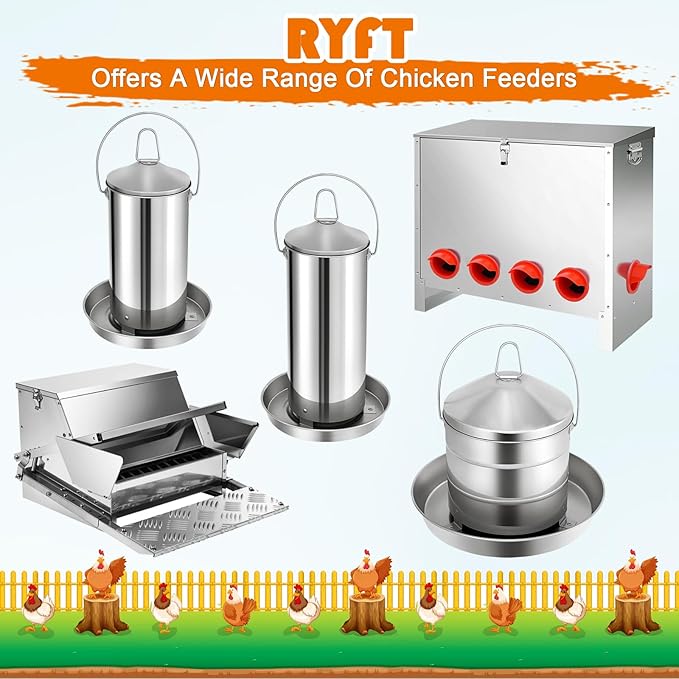 RYFT 8.8 lb Chicken Feeder, Stainless Gravity-Fed No Waste Poultry Feed, Weatherproof Construction with Handle for Chicken Coops, Duck Farms, and Goose Farms