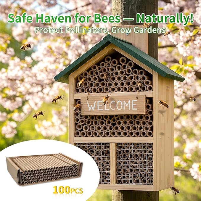 Mason Bee Tubes 100 Pack - 6" Length x 5/16" Diameter Kraft Paper Nesting Tubes, Refill Inserts for Mason Bee House, Bee Keeper Starter Kit