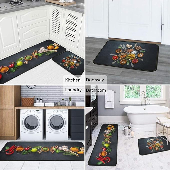 Roszwtit Artistic and Colorful Kitchen Rugs and Mats Set of 2, Spicy Art Non-Slip Backing Kitchen Rugs, Cooking Sets Low-Profile Washable Floor Mat for Home Kitchen Decor - 17x29 and 17x47 Inch