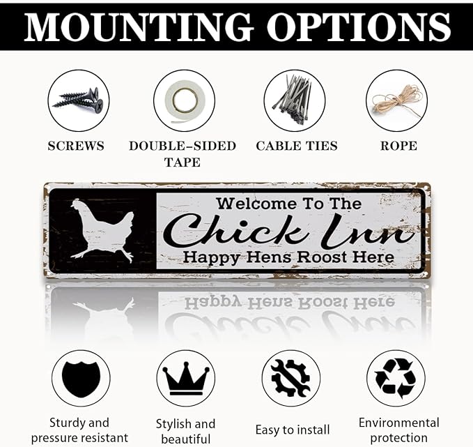 Rustic Farmhouse Style Chicken Coop Sign, Metal Outdoor Chicken House Signs, Chick Inn signs, Retro Metal Tin Sign, Farmhouse Decor, Backyard Hen House Gift 15.8x4 Inch