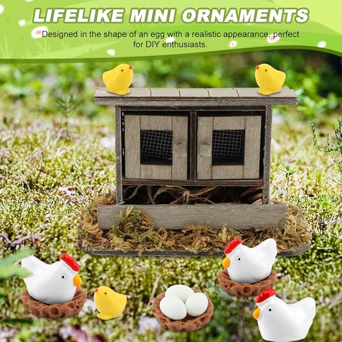 Miniature Chicken Coop Set - 13-Piece Farm Decor Kit with Hens, Chicks, Eggs & Nests for Fairy Gardens, DIY Mini Landscapes & Party Decor