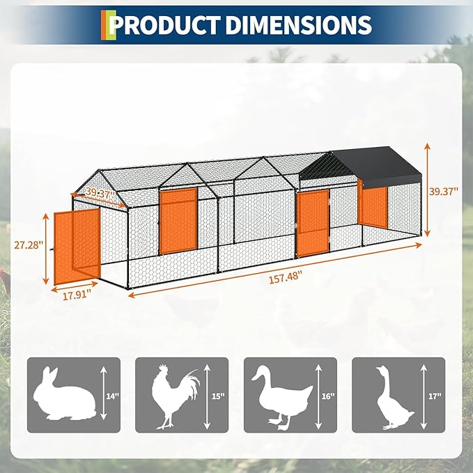 Towallmark 160"x40"x40" Large Walk-in Chicken Coop with Waterproof Cover, 4-Door Metal Poultry Run for Chickens, Ducks, Rabbits & Geese, Outdoor Animal Enclosure for Yard, Black