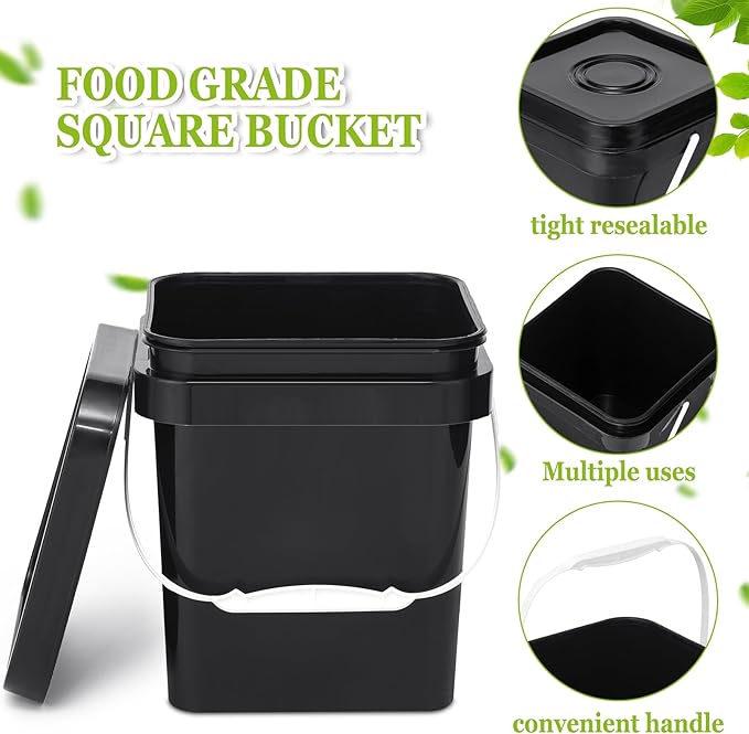 Suzile 10 Pcs Food Grade Square Bucket with Lid 1 Gallon Plastic Bucket 4.5L Utility Industrial Pail with Handle Container for Food Oil Tub Water Fishing Paint House Cleaning Car Washing (Black)