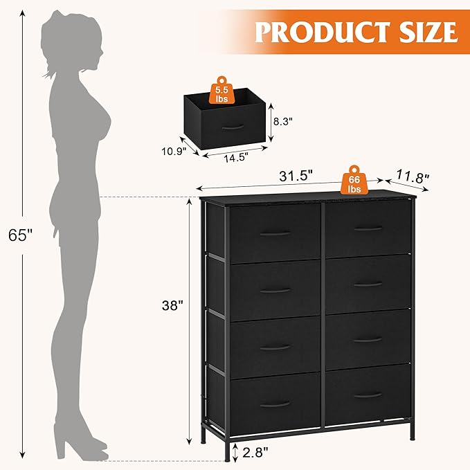 WelFurGeer 8 Drawer Fabric Dresser with Sturdy Metal Frame, Tall Dresser with Fabric Bins, Storage Chest of Drawers for Bedroom, Closet, Kids Room Organization, Black