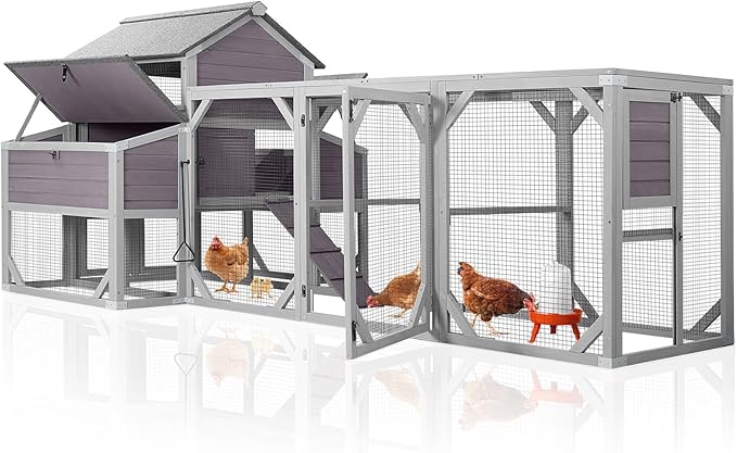 Aivituvin Extra Large Chicken Coop for 8-10 Chickens, Reinforced Structure Outdoor Wooden Chicken House with 6 Nesting Boxes, Extended Run, Waterproof Roof, Iron Edge, Grey, 118" L x 26" W x 50" H