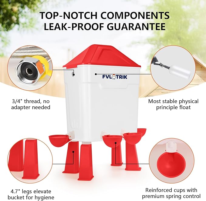 3 Gallon Automatic Chicken Waterer for Hands-Free Hydration, Float-Controlled Chicken Watering System with Leak-Proof Design, 2.75" Cups for All Poultry, 60" Hose for 3/4" Connections