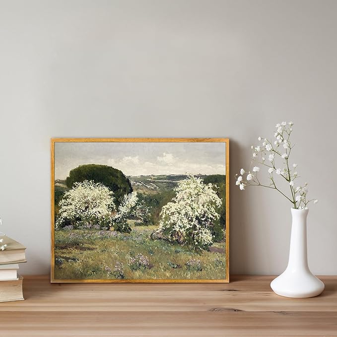 Rustic Landscape Pictures Farmhouse Wildflower Painting Vintage Farmhouse Posters Countryside Canvas Wall Art Nature Scenery Pictures Retro Landscape Artwork Antique Farmhouse Wall Art 8x10in Framed