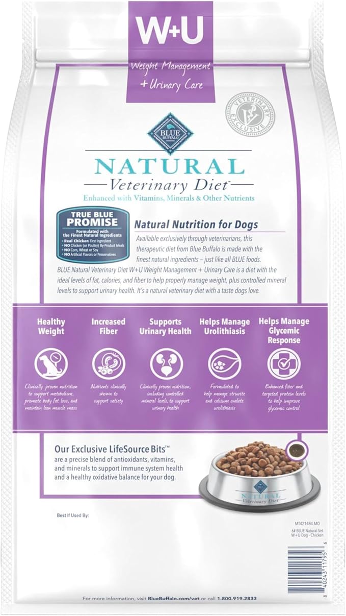 Blue Buffalo Natural Veterinary Diet W+U Weight Management + Urinary Care Dry Dog Food, Veterinarian Prescription Required, Chicken, 6-lb Bag