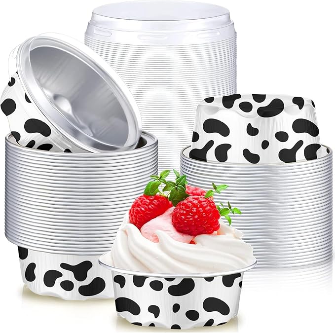 100 Pack Cow Print Aluminum Foil Cups with Lids, 1.6 oz Heavy Duty Ramekins for Baking, Disposable Mini Cupcake Containers for Farm Theme Party, Rustic Wedding, Baby Shower
