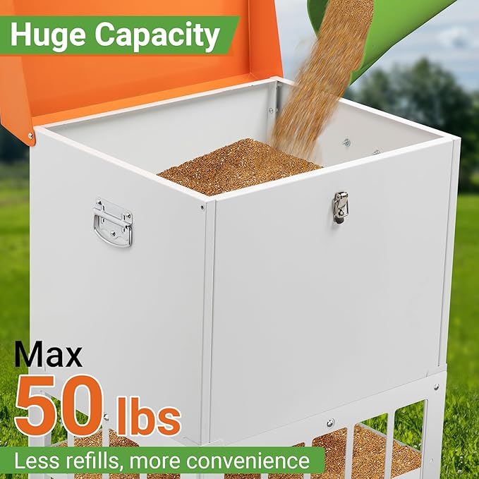 Chicken Feeder with Grille, 50LBS No Waste Chicken Feeder with 18 Ports, Powder-Coated Steel Feeder w/Waterproof Lid and Stainless Handles, 16”L x 12.5”W x 24.5”H