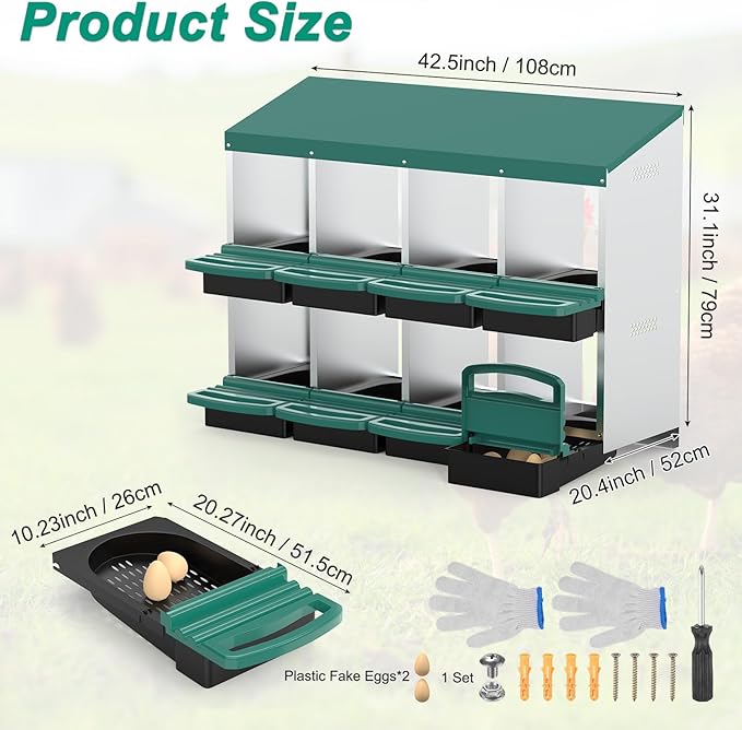 Chicken Nesting Box, 8 Compartments Metal Chicken Laying Boxes with Roll Out Egg Collection, Wooden Fake Eggs, Install Accessories and Gloves for Hens/Goose/Duck/Rabbit, Green