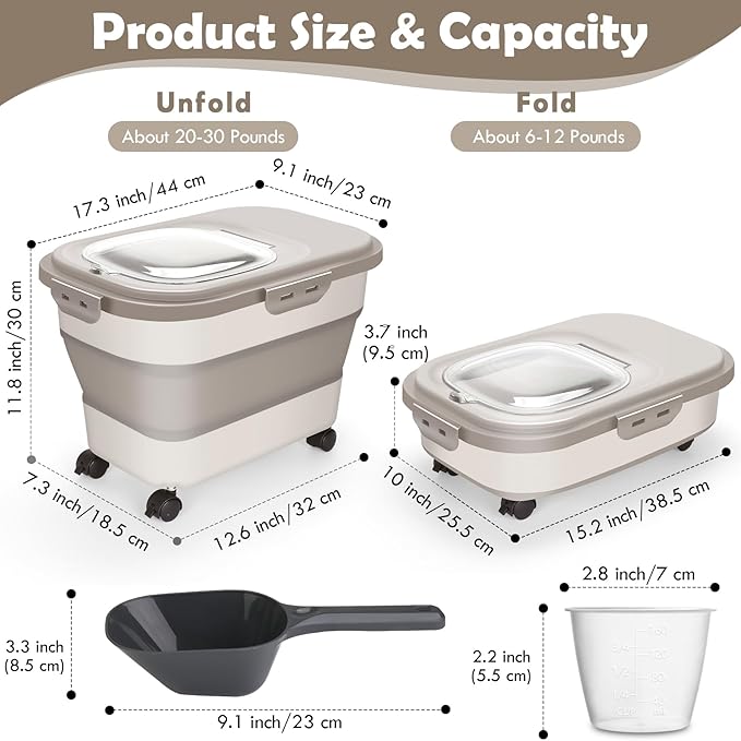 Dog Food Storage Container, 20Lbs Rice Storage Container Dispenser, Airtight Large Pet Cat Food Bin with Wheels, Scoop & Measuring Cup, Collapsible Kitchen Dry Food Holder for Four Sugar Cereal Kibble