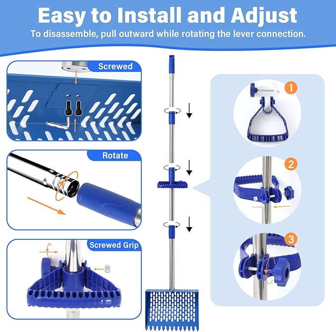 Chicken Poop Scooper, 10 Inch 2 in 1 Stainless Steel Sand Sifting Shovel & Rake with 35" to 62" Adjustable Length, Durable Litter Cleaner with Detachable Handle for Chicken Coop Farm Animal(Blue)