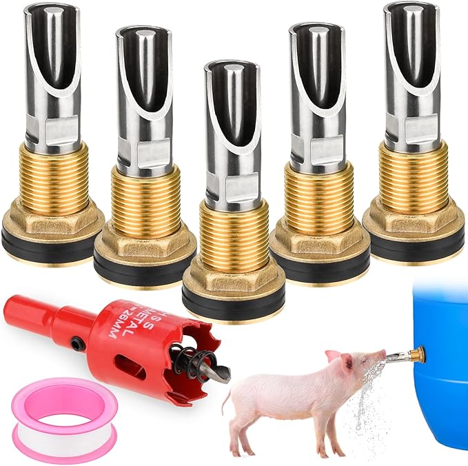 Pig Nipple Waterer, 5 Pcs Stainless Steel Automatic Hog Drinker Feeder Kit for Barrel with Brass Water Tank Connector Bulkhead Fitting for Hog Piglets Goat Waterering System