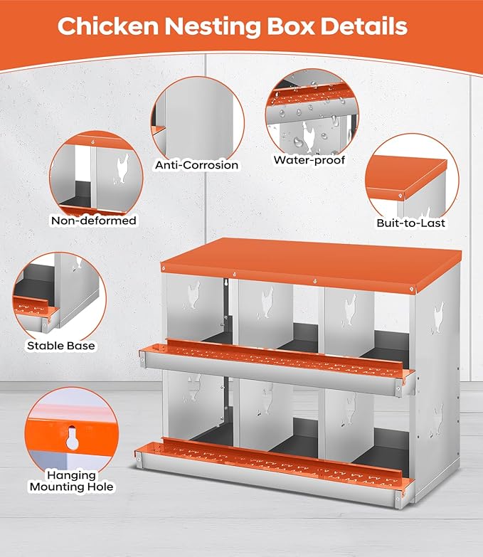 Chicken Nesting Box,6 Compartments Nesting Box for Chickens, Two-Tier Galvanized Metal Wall Mount Chicken Egg Laying Box with Large Vented Holes for Easy Egg Collection ﻿