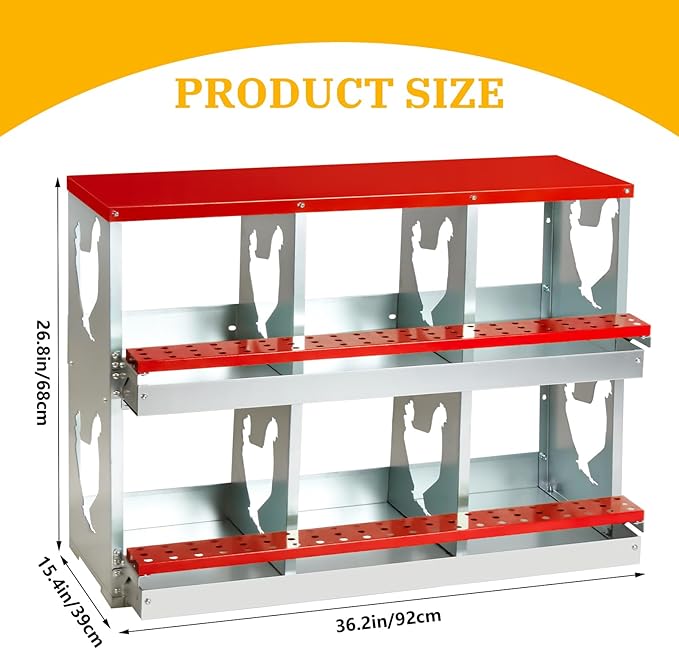 Chicken Nesting Box for Laying Eggs,Wall-Mountable Chicken Coop Nesting Boxes,6 Hole Roll Away Nesting Boxes,with Large Vented Holes,for Chickens,Ducks,Large Egg Laying Boxes (Red 6 Hole)