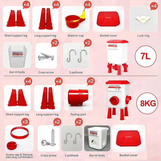 Chicken Feeder and Waterer Set, Chicken Coop Accessories with Hanging Chicken Feeder and Hanging Chicken Waterer Kit No Waste, 2 Gallon/18 Pounds, Red