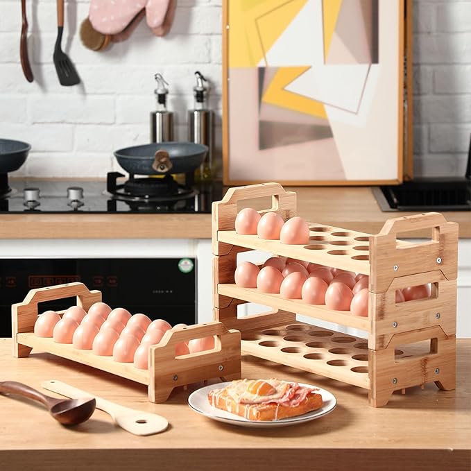 4 Tier Wooden Egg Holder for Countertop, Bamboo Stackable Fresh Eggs Storage Farmhouse Collecting Rack for Gathering Kitchen Organizer or Easter Egg Display, Stackable with 72 Eggs(Wood)