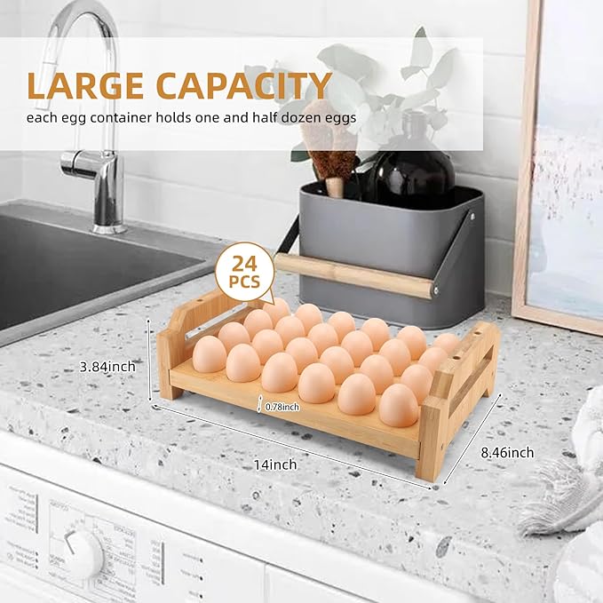 48 Egg Holder Countertop 2-Tier Stackable Bamboo Egg Tray with Anti-Slip Pads/Ventilation Design, Fresh Eggs Storage Organizer for Chicken/Duck/Turkey Eggs