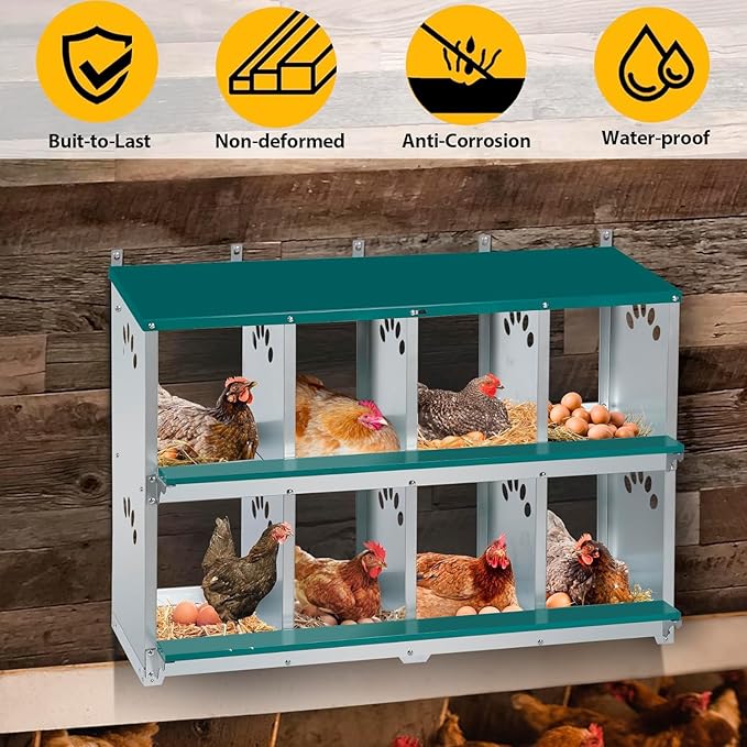 Chicken Nesting Box, 8 Compartment Metal Nesting Box, Wall Mountable Nesting Boxes for Chicken, 42.5" L x 13.0" W x 25.0" H, Green